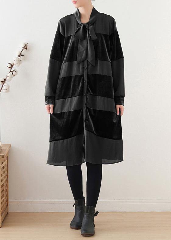 Style Black Cotton Quilting Clothes Patchwork Bow Art Fall Dress