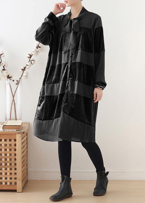 Style Black Cotton Quilting Clothes Patchwork Bow Art Fall Dress