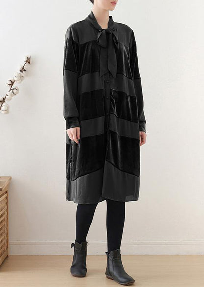 Style Black Cotton Quilting Clothes Patchwork Bow Art Fall Dress
