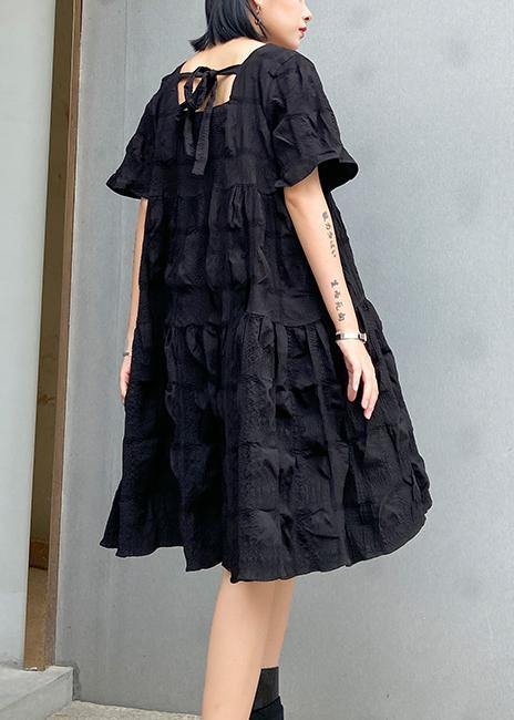 Style Black Cotton Tunic Dress Square Collar Cinched Oversized Summer Dresses