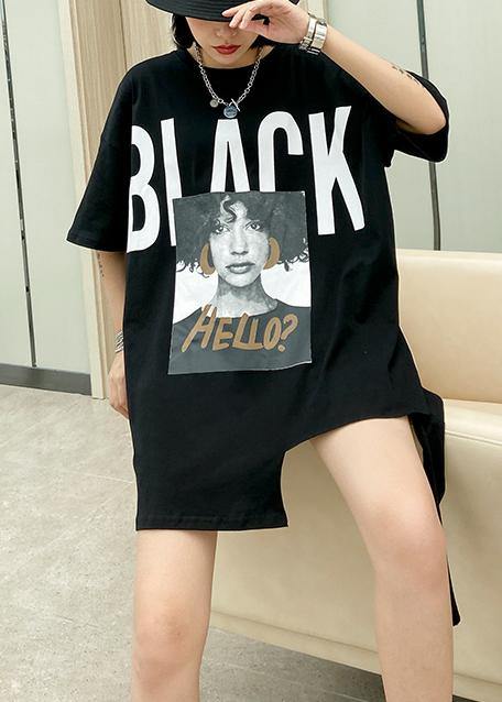 Style Black Letter Cotton Tunic Top O Neck Dresses Shirt