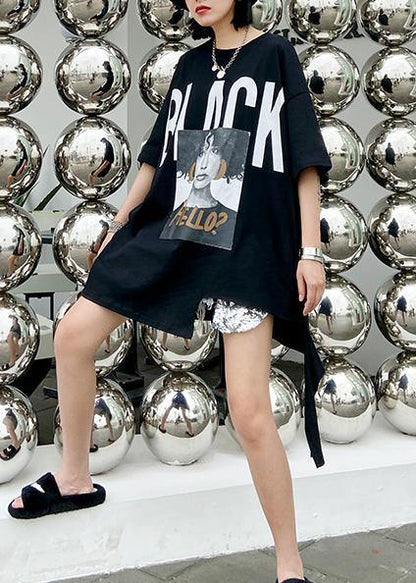 Style Black Letter Cotton Tunic Top O Neck Dresses Shirt