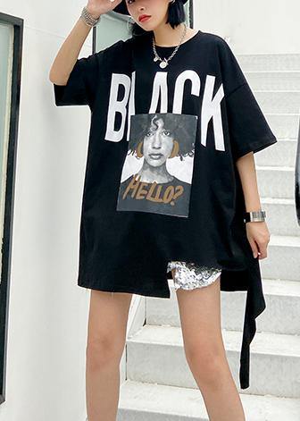 Style Black Letter Cotton Tunic Top O Neck Dresses Shirt