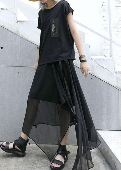 Style Black Chiffon Quilting Skirts Asymmetric Hem Traveling Summer Skirt