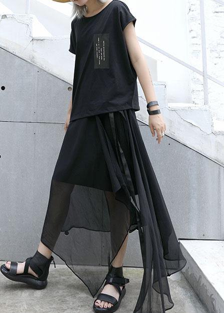 Style Black Chiffon Quilting Skirts Asymmetric Hem Traveling Summer Skirt