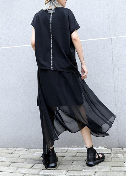 Style Black Chiffon Quilting Skirts Asymmetric Hem Traveling Summer Skirt