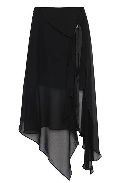 Style Black Chiffon Quilting Skirts Asymmetric Hem Traveling Summer Skirt