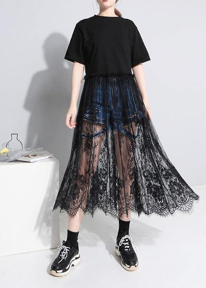 Style Black Cotton Tunics Lace Big Hem Kaftan Patchwork Sundress