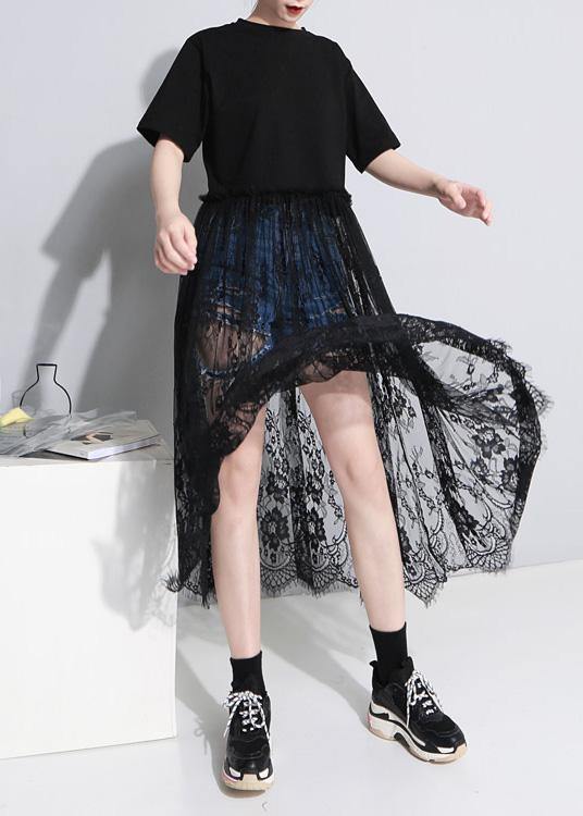 Style Black Cotton Tunics Lace Big Hem Kaftan Patchwork Sundress