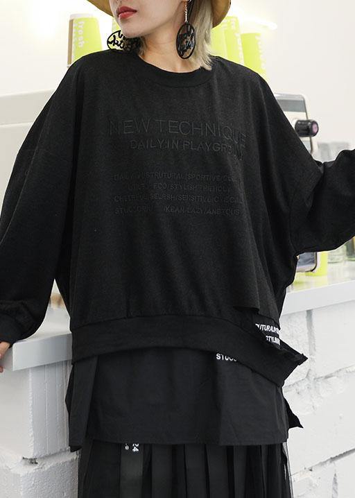 Style Black Cotton Blouses for Ripped Hem Art Fall Shirts