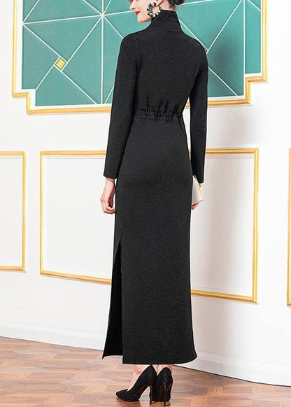 Style Black Cotton Clothes High Neck Cotton Robes Side Open Dresses