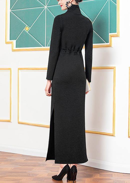 Style Black Cotton Clothes High Neck Cotton Robes Side Open Dresses