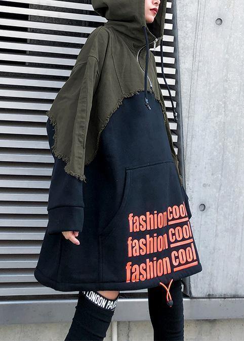 Style Black Cotton Crane Tops Hooded Winter Dresses Patchwork Tops