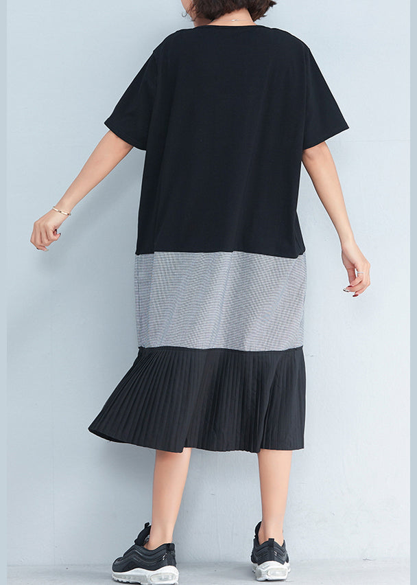 Style Black Cotton Outfit Korea Inspiration Patchwork O Neck Dresses Summer Dress