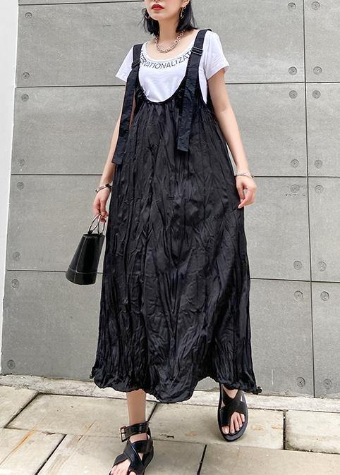 Style Black Cotton Quilting Dresses Spaghetti Strap Cinched Long Summer Dress