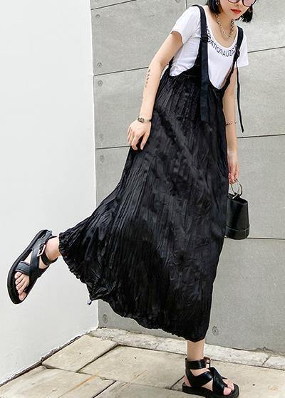 Style Black Cotton Quilting Dresses Spaghetti Strap Cinched Long Summer Dress