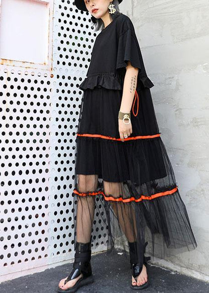 Style Black Cotton Tunic Dress Patchwork Tulle Dresses Ruffles Dress