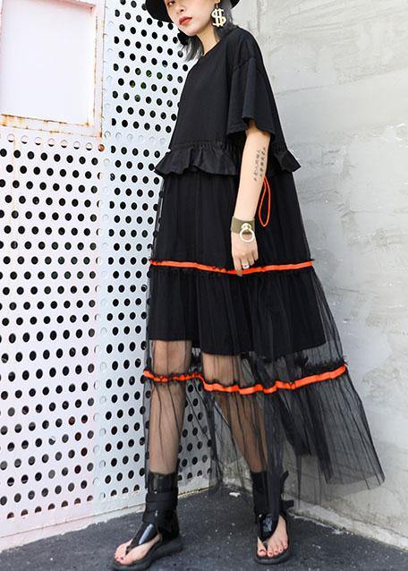 Style Black Cotton Tunic Dress Patchwork Tulle Dresses Ruffles Dress