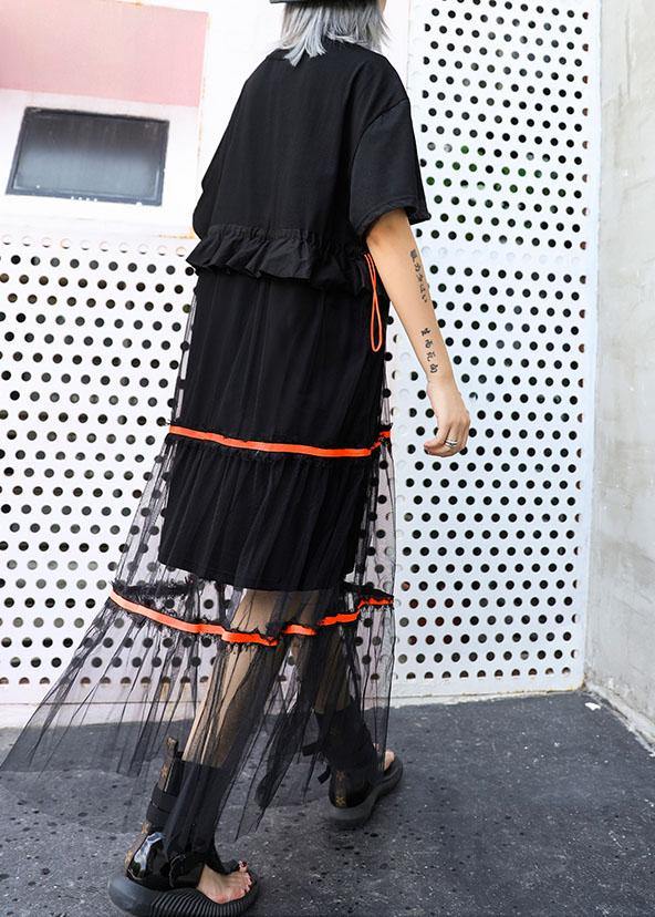 Style Black Cotton Tunic Dress Patchwork Tulle Dresses Ruffles Dress