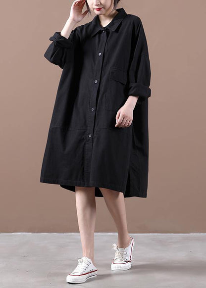 Style Black Dress Lapel Side Open Loose Spring Dress