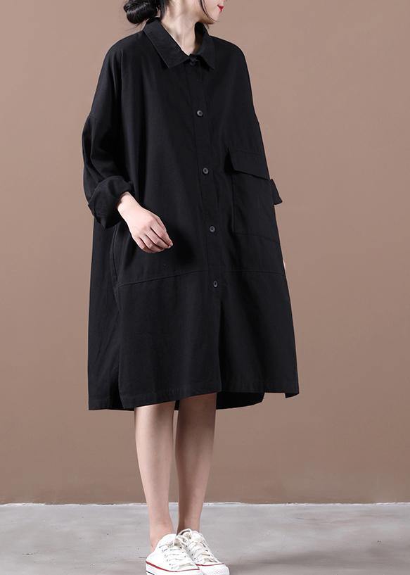 Style Black Dress Lapel Side Open Loose Spring Dress