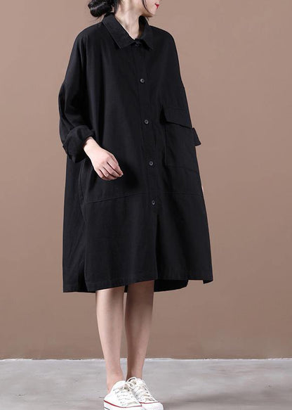 Style Black Dress Lapel Side Open Loose Spring Dress