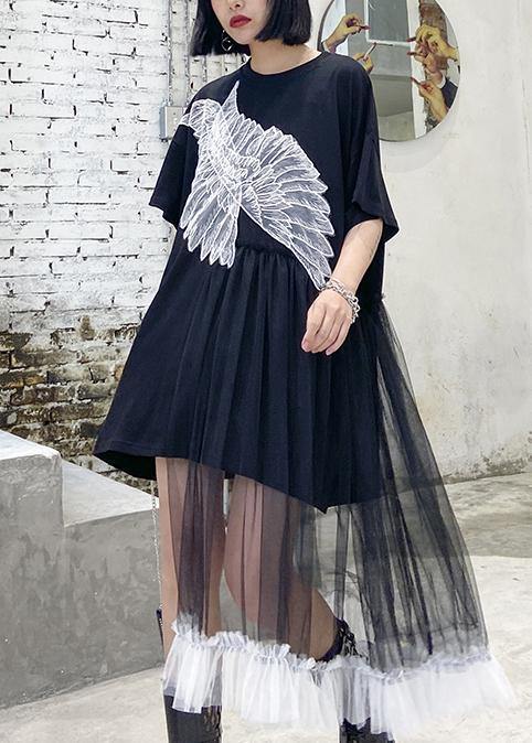 Style Black Dresses O Neck Patchwork Tulle Midi Dresses