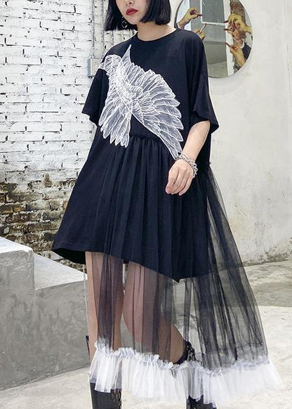 Style Black Dresses O Neck Patchwork Tulle Midi Dresses