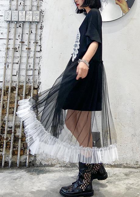 Style Black Dresses O Neck Patchwork Tulle Midi Dresses