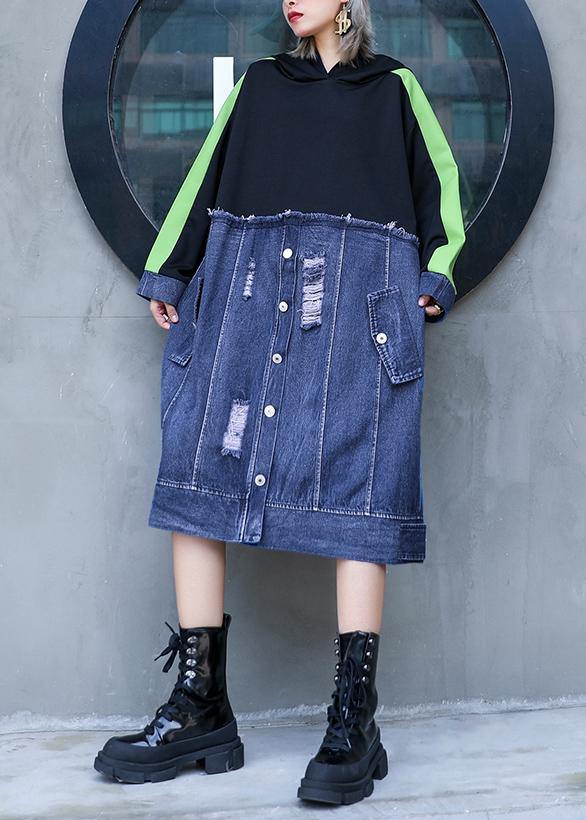 Style Black Patchwork Denim Blue Outfit Hooded Hole Shift Dresses