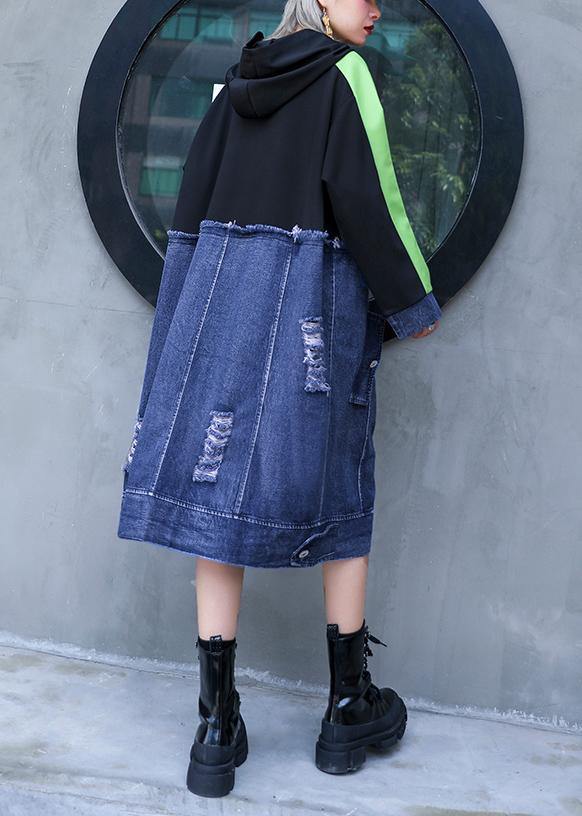 Style Black Patchwork Denim Blue Outfit Hooded Hole Shift Dresses