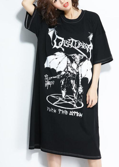 Style Black Print Cotton Quilting Clothes Pattern O Neck Cotton Summer Dresses