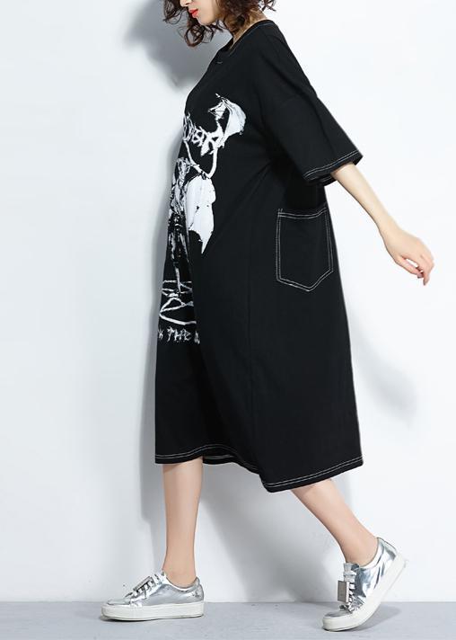Style Black Print Cotton Quilting Clothes Pattern O Neck Cotton Summer Dresses