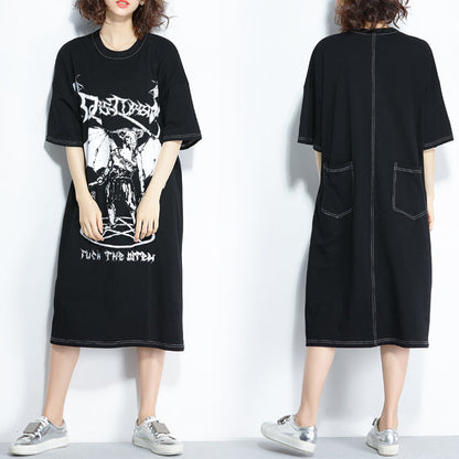 Style Black Print Cotton Quilting Clothes Pattern O Neck Cotton Summer Dresses