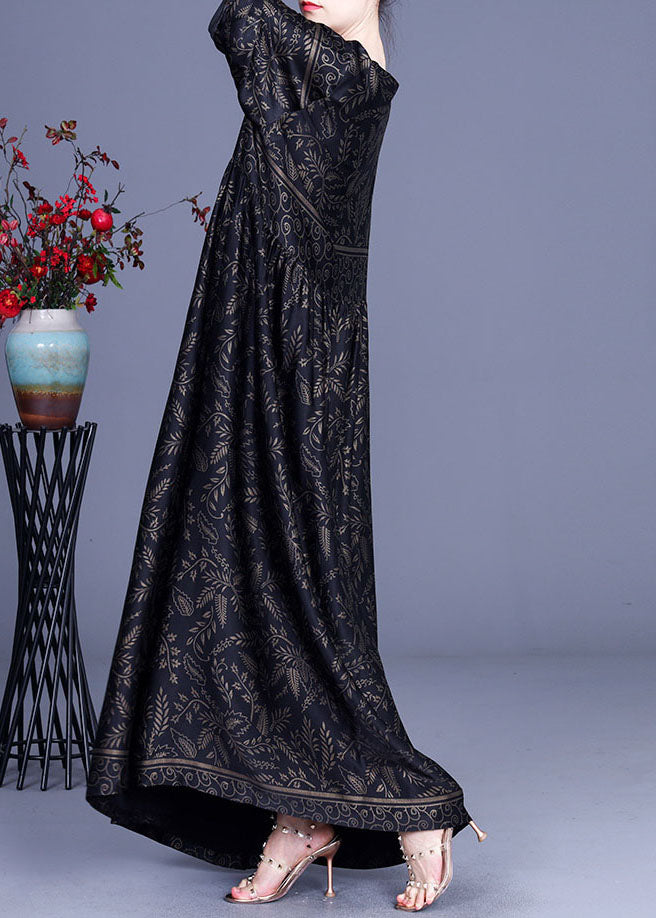 Style Black Print Silk Party Long Dresses Spring