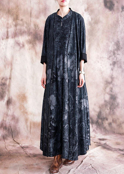 Style Black Print Cotton Tunic Stand Collar Chinese Button Sleeveless Kaftan Fall Dress