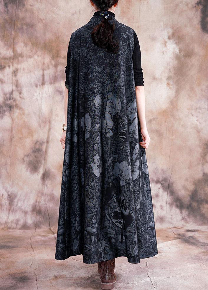 Style Black Print Cotton Tunic Stand Collar Chinese Button Sleeveless Kaftan Fall Dress