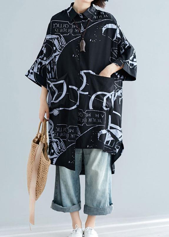 Style Black Prints Cotton Clothes for Lapel Collar Dresses Summer Tops
