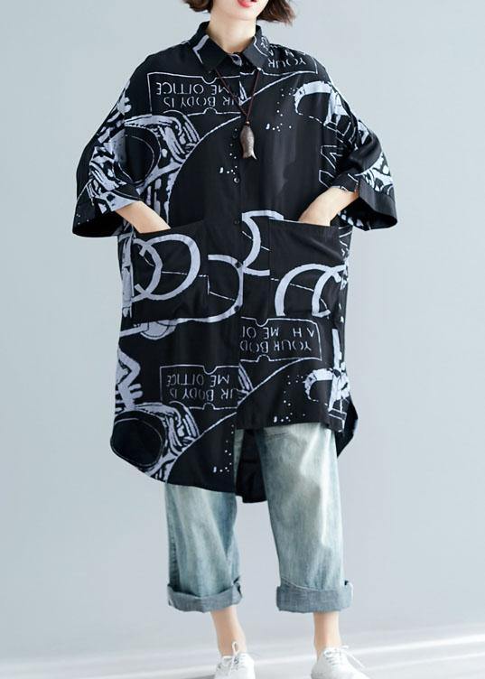 Style Black Prints Cotton Clothes for Lapel Collar Dresses Summer Tops