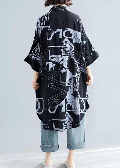 Style Black Prints Cotton Clothes for Lapel Collar Dresses Summer Tops