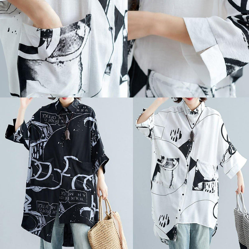 Style Black Prints Cotton Clothes for Lapel Collar Dresses Summer Tops