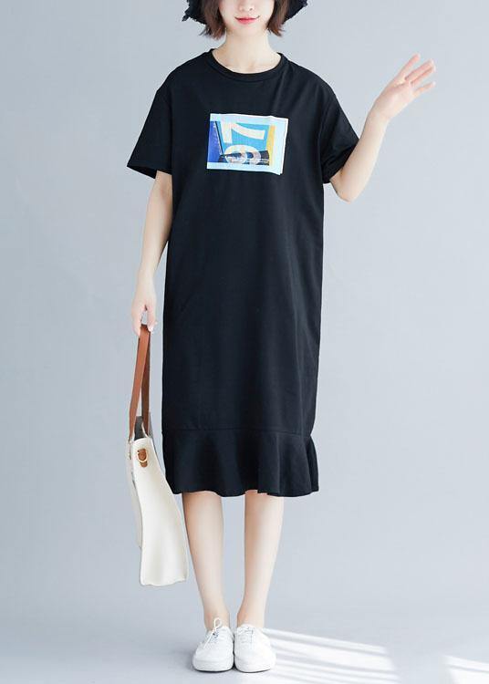 Style Black Prints Cotton Quilting Clothes Ruffles Hem Maxi Summer Dresses