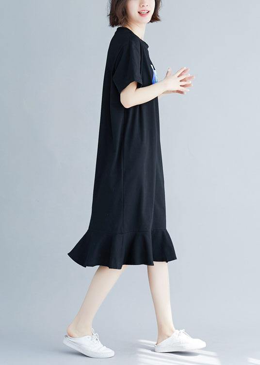 Style Black Prints Cotton Quilting Clothes Ruffles Hem Maxi Summer Dresses