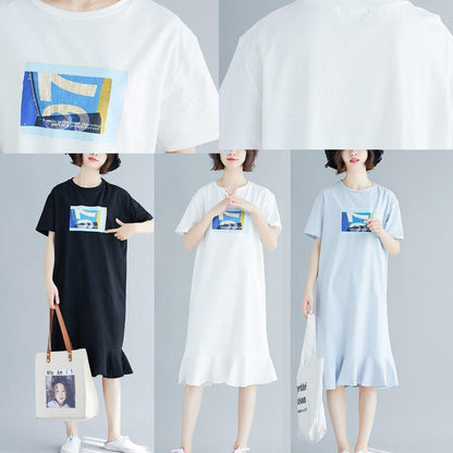 Style Black Prints Cotton Quilting Clothes Ruffles Hem Maxi Summer Dresses