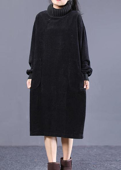 Style Black Quilting Dresses High Neck Pockets Dresses Spring Dresses