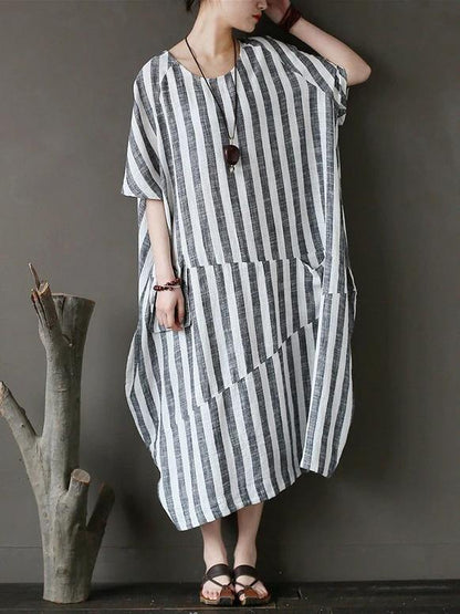 Style Black Striped Cotton Tunics for O Neck Patchwork Art Dress