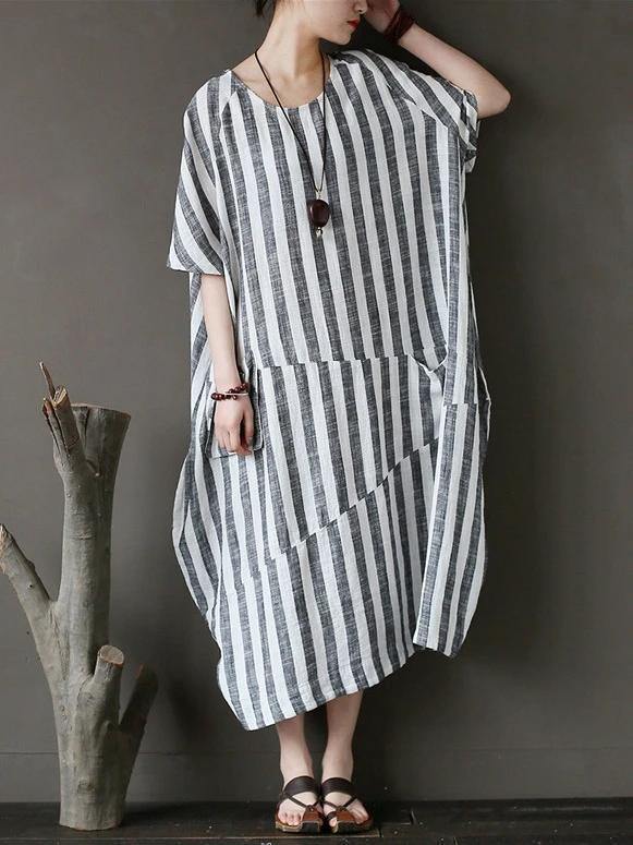Style Black Striped Cotton Tunics for O Neck Patchwork Art Dress