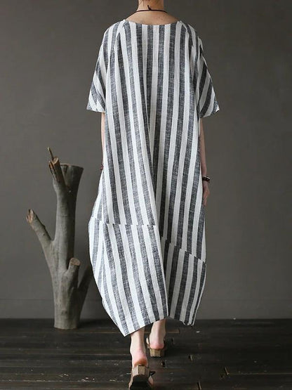 Style Black Striped Cotton Tunics for O Neck Patchwork Art Dress