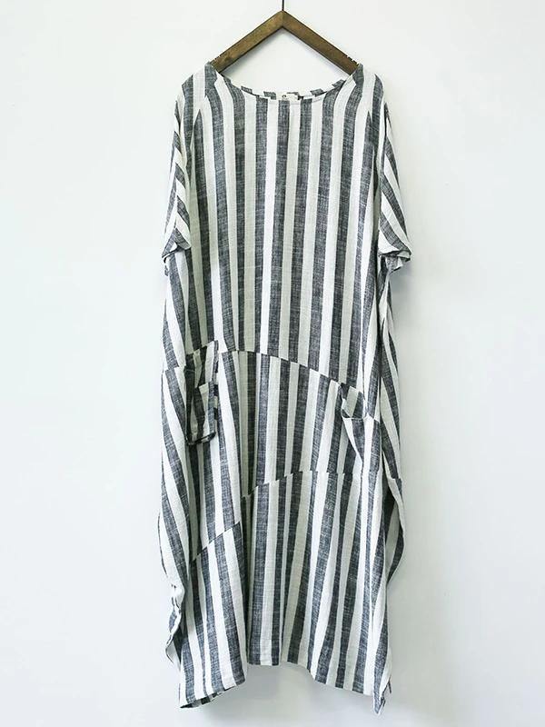 Style Black Striped Cotton Tunics for O Neck Patchwork Art Dress