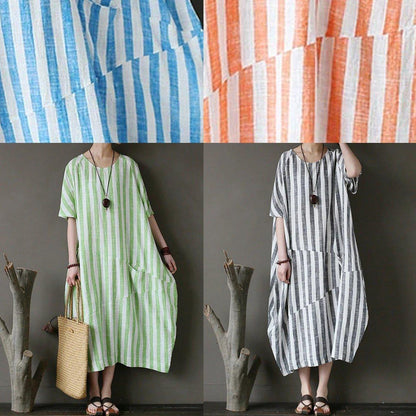 Style Black Striped Cotton Tunics for O Neck Patchwork Art Dress